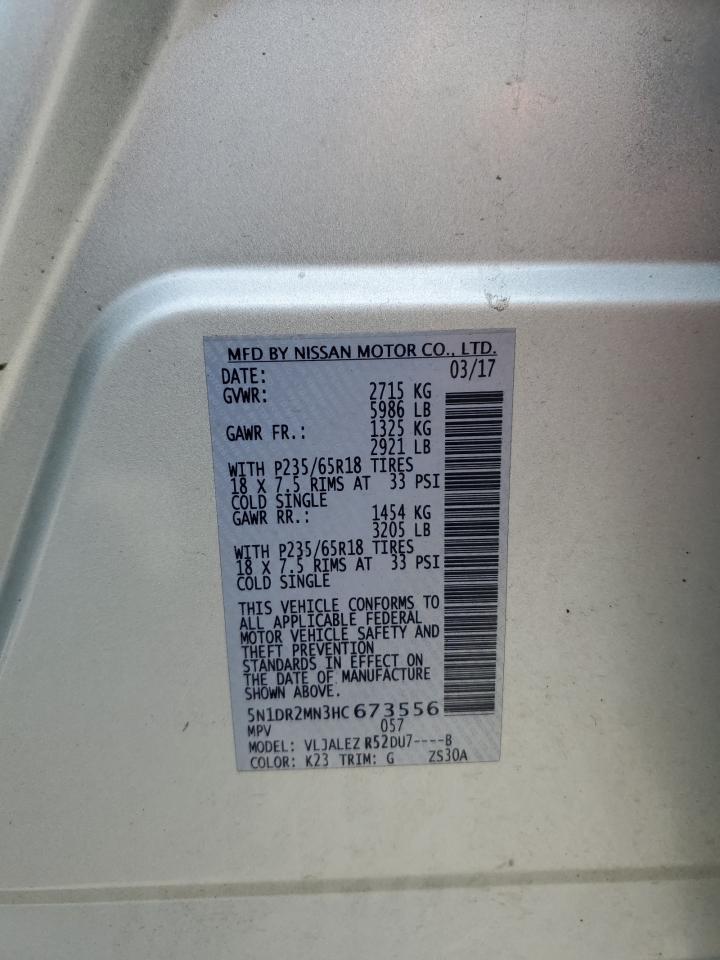 2017 Nissan Pathfinder VIN 5N1DR2MN3HC673556 Copart auction photo, front end / side damage thumbnail 13