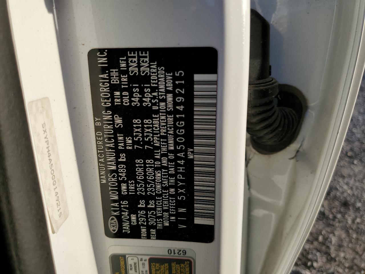 2016 KIA Sorento VIN 5XYPH4A50GG149215 Copart auction photo, biohazard/chemical / side damage thumbnail 15