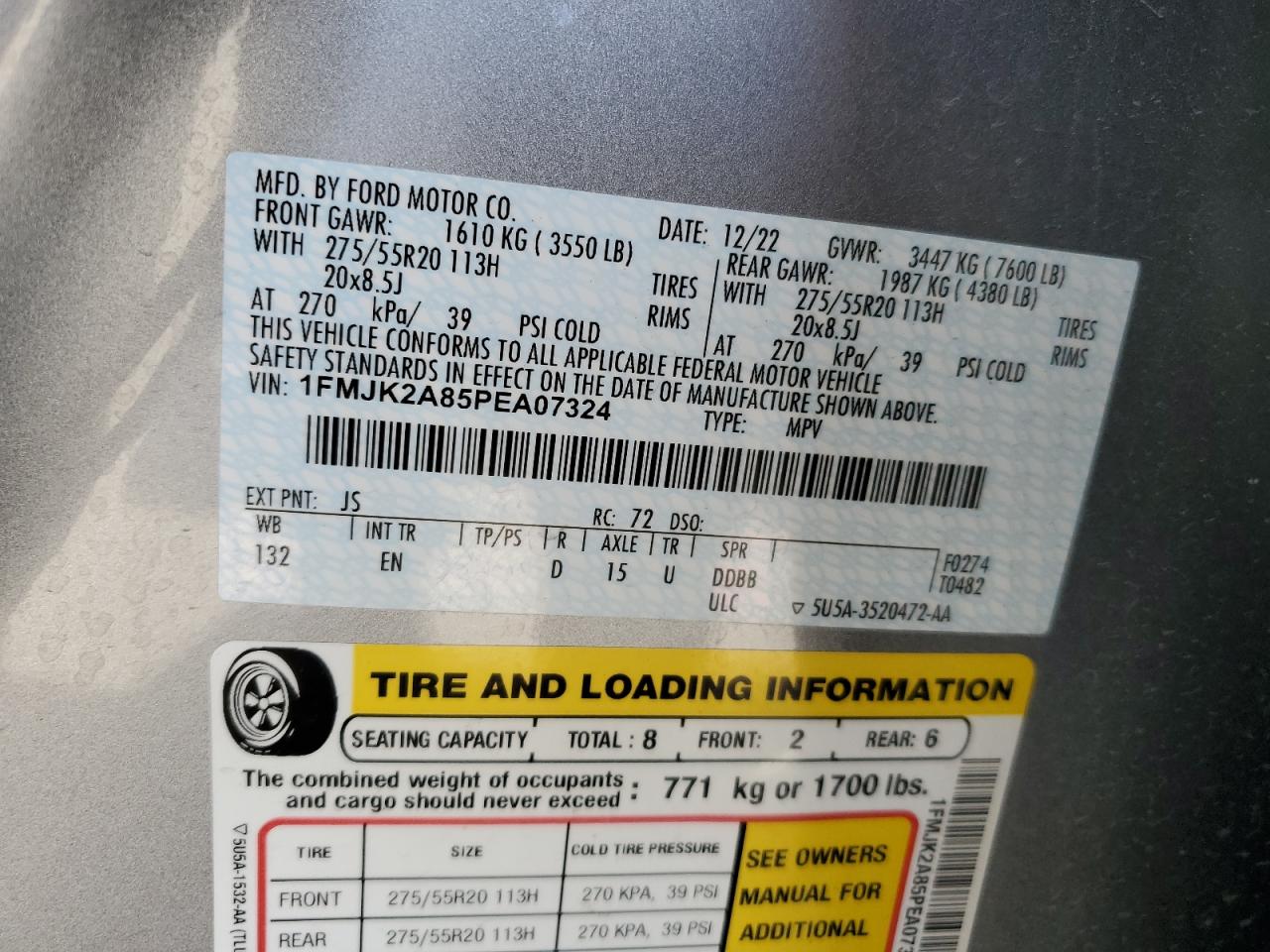 2023 Ford Expedition VIN 1FMJK2A85PEA07324 Copart auction photo, front end damage thumbnail 14