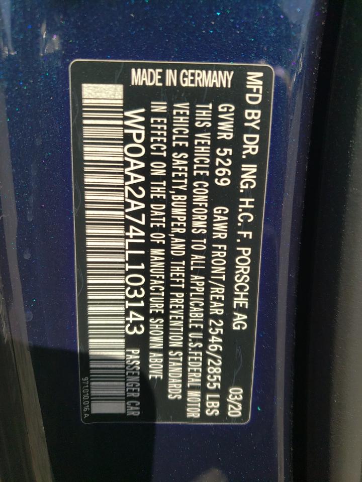 2020 Porsche Panamera VIN WP0AA2A74LL103143 Copart auction photo, side damage thumbnail 14