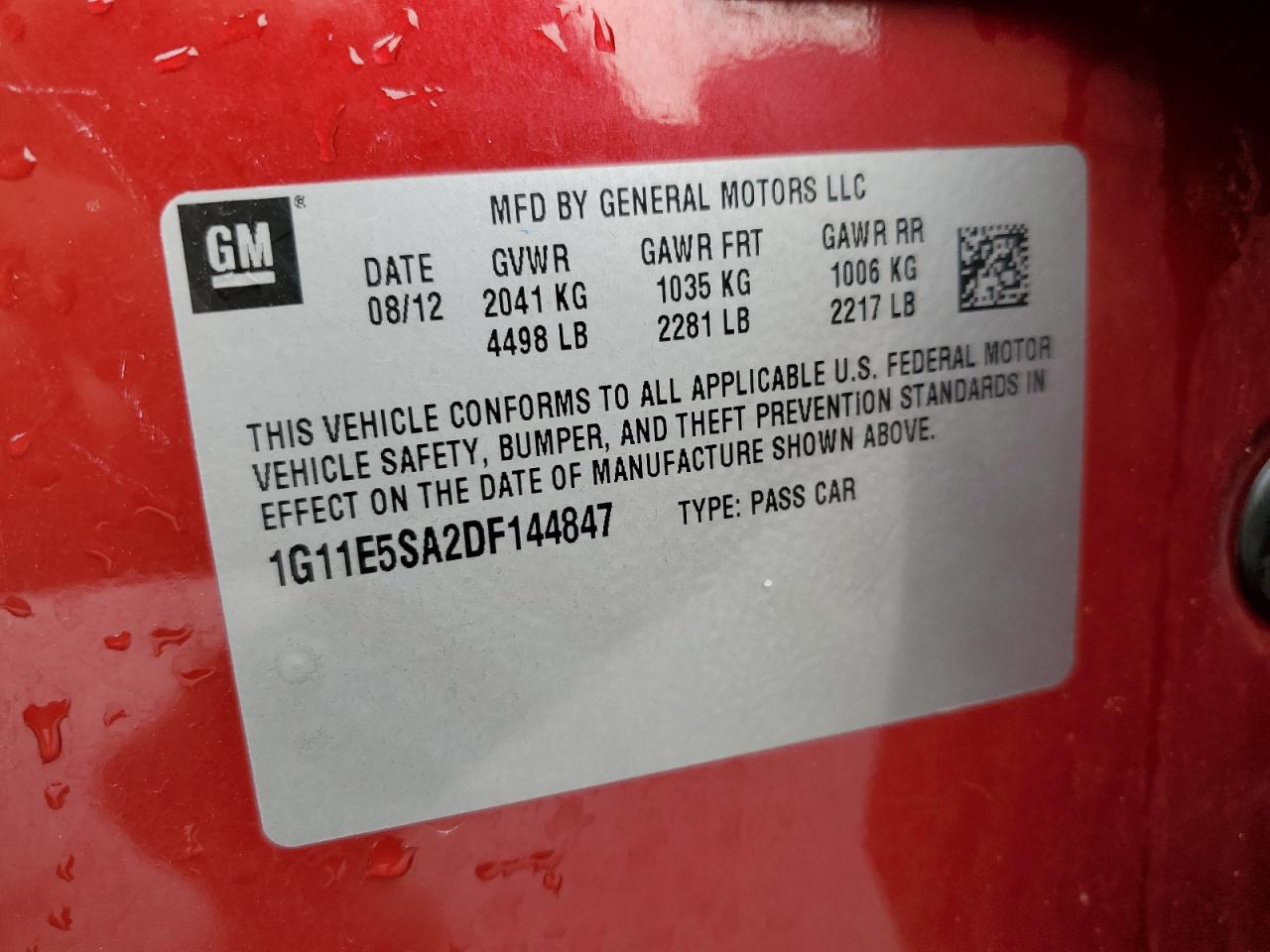 2013 Chevrolet Malibu VIN 1G11E5SA2DF144847 Copart auction photo, rear end damage thumbnail 13