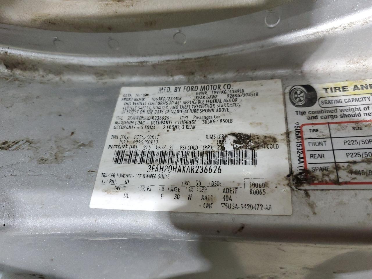 2010 Ford Fusion VIN 3FAHP0HAXAR236626 Copart auction photo, front end / side damage thumbnail 12