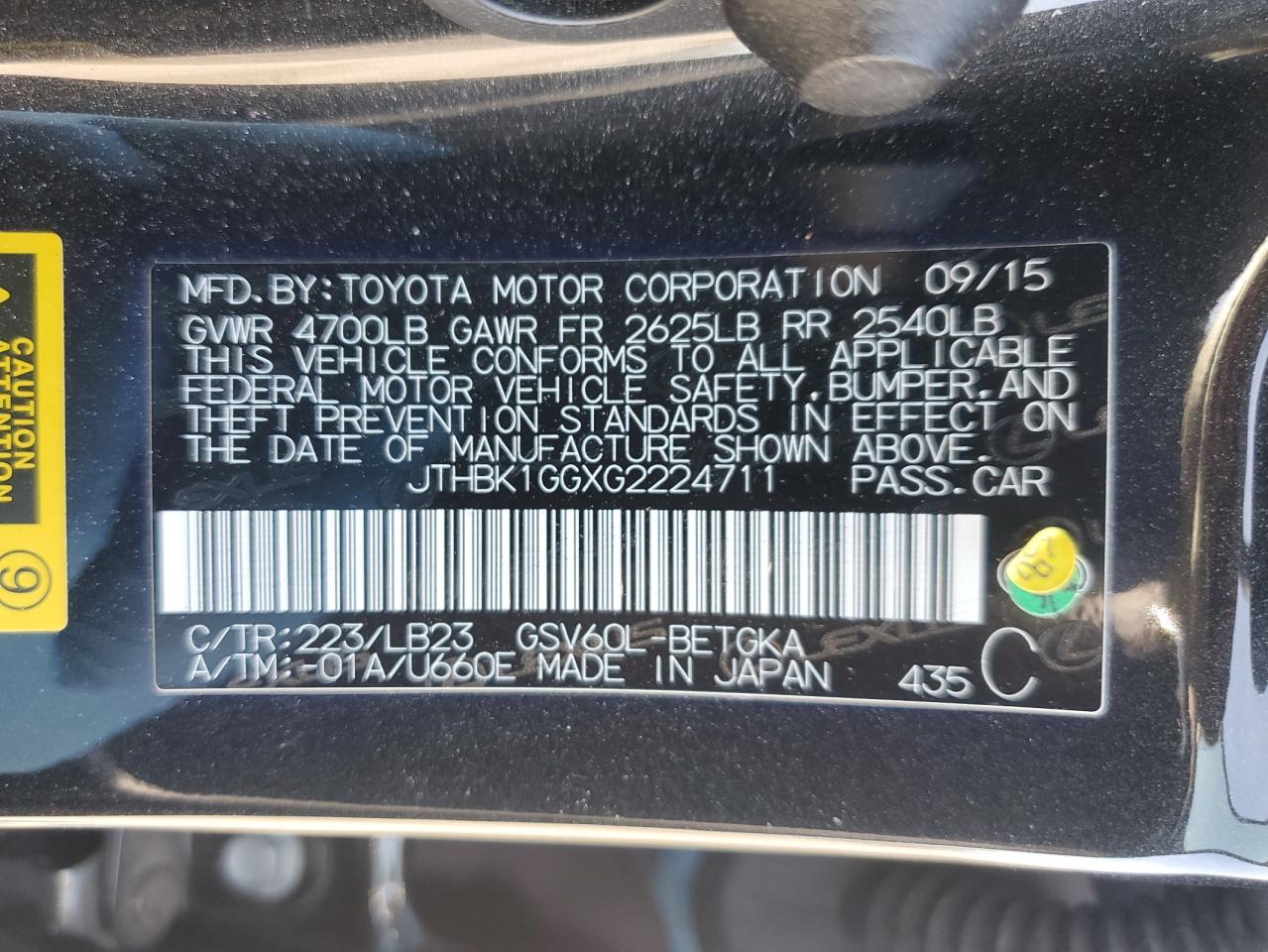 2016 Lexus ES VIN JTHBK1GGXG2224711 Copart auction photo, undercarriage / front end damage thumbnail 12