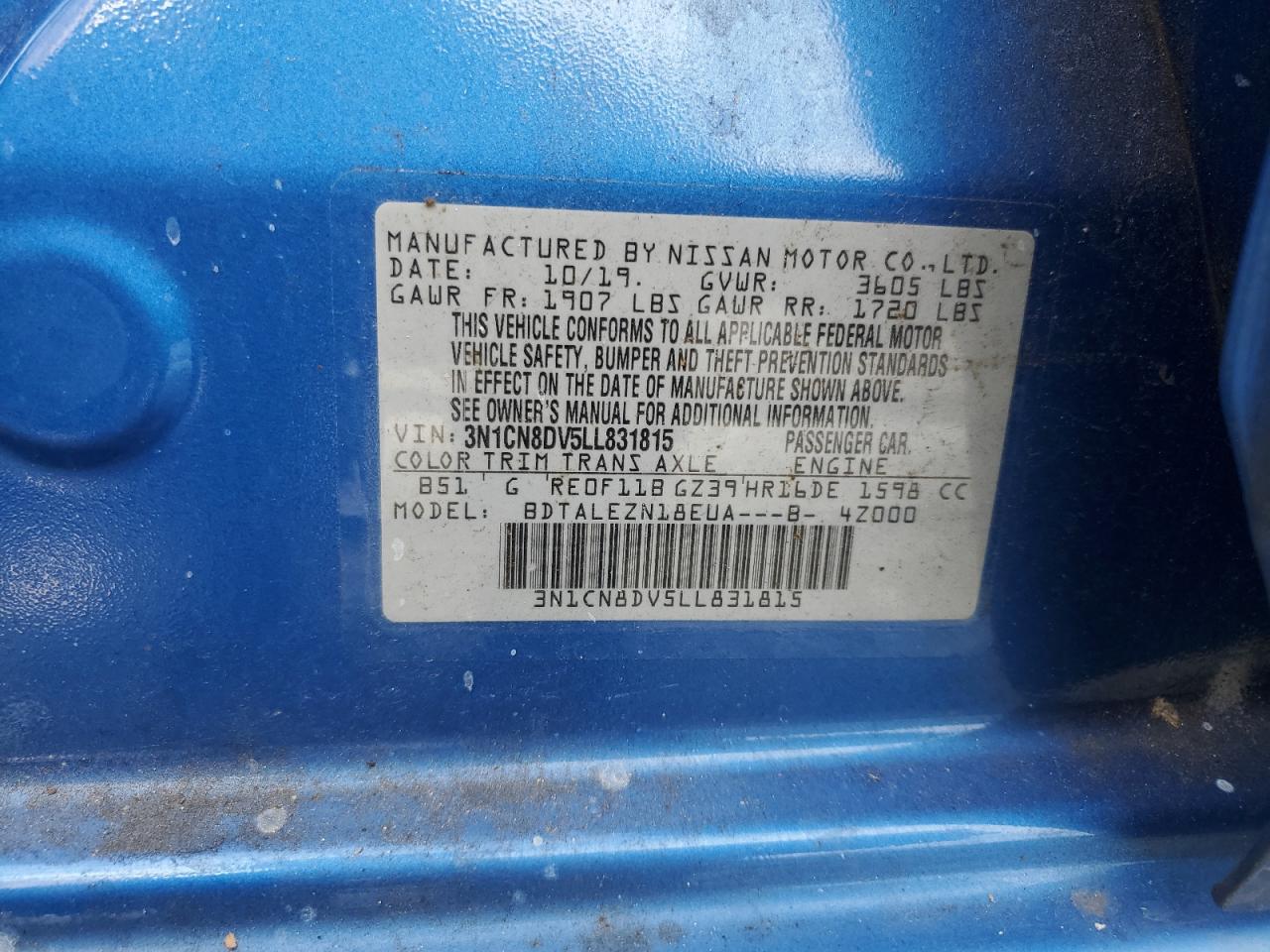 2020 Nissan Versa VIN 3N1CN8DV5LL831815 Copart auction photo, front end damage thumbnail 13