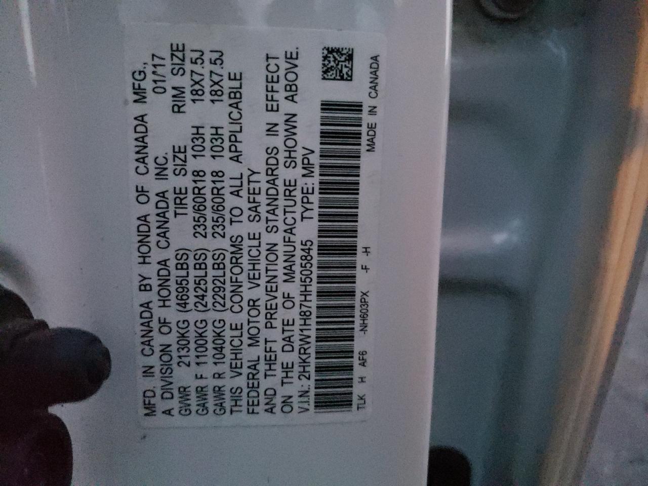 2017 Honda CR-V VIN 2HKRW1H87HH505845 Copart auction photo, front end damage thumbnail 15