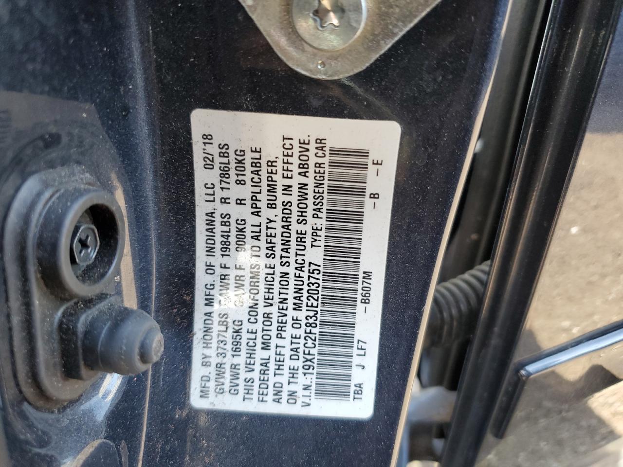 2018 Honda Civic VIN 19XFC2F83JE203757 Copart auction photo, all over damage thumbnail 14