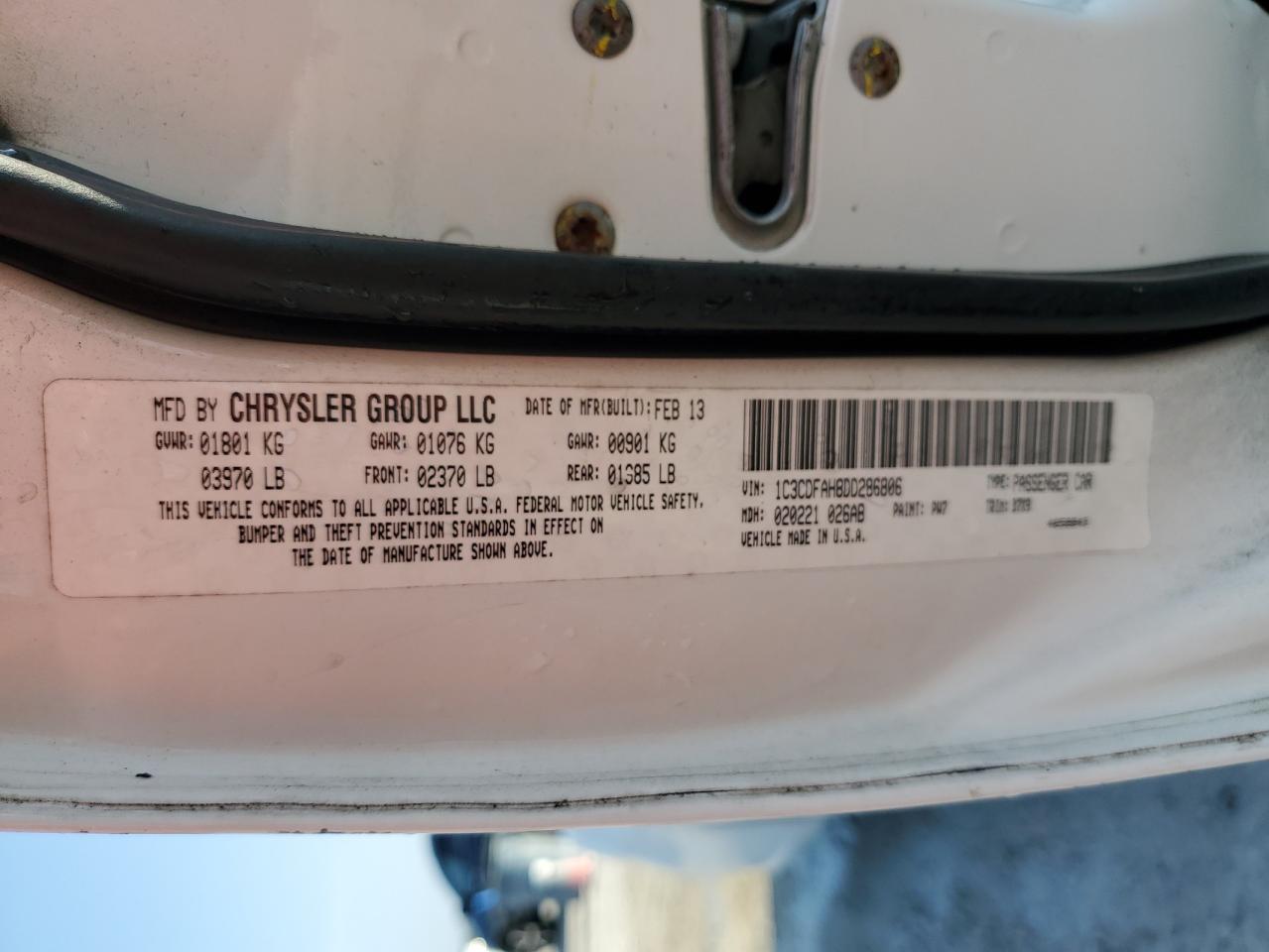2013 Dodge Dart VIN 1C3CDFAH8DD286806 Copart auction photo, side / minor dent/scratches damage thumbnail 12