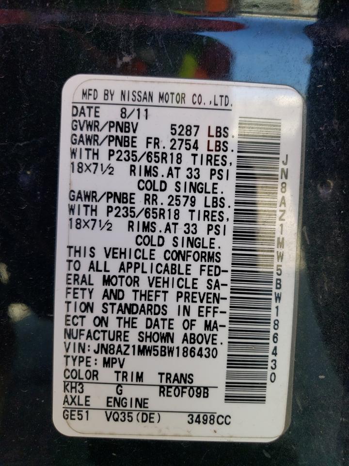 2011 Nissan Murano VIN JN8AZ1MW5BW186430 Copart auction photo, rear end / front end damage thumbnail 15