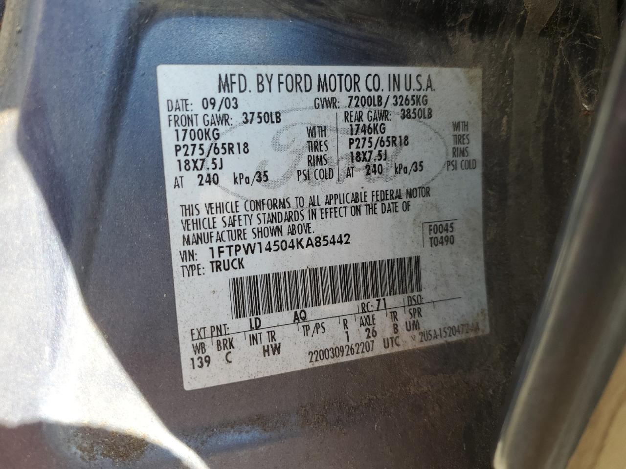 2004 Ford F-150 VIN 1FTPW14504KA85442 Copart auction photo, mechanical damage thumbnail 12