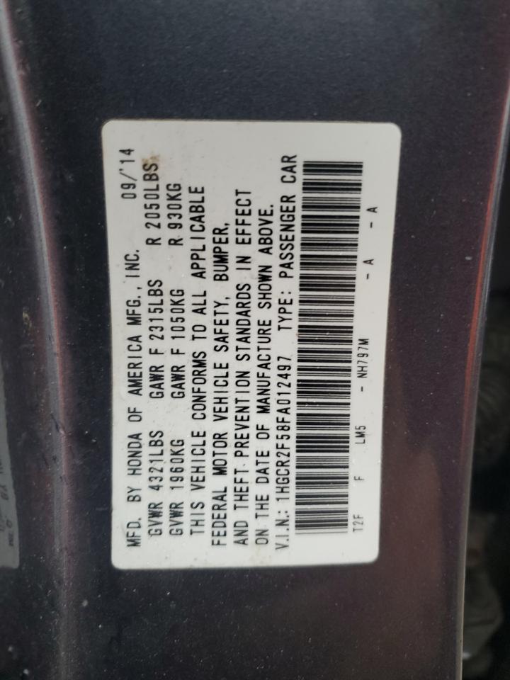2015 Honda Accord VIN 1HGCR2F58FA012497 Copart auction photo, front end / rear end damage thumbnail 12