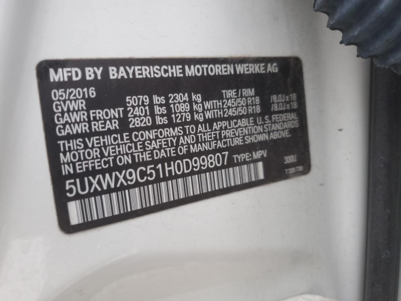 2017 BMW X3 VIN 5UXWX9C51H0D99807 Copart auction photo, front end damage thumbnail 16