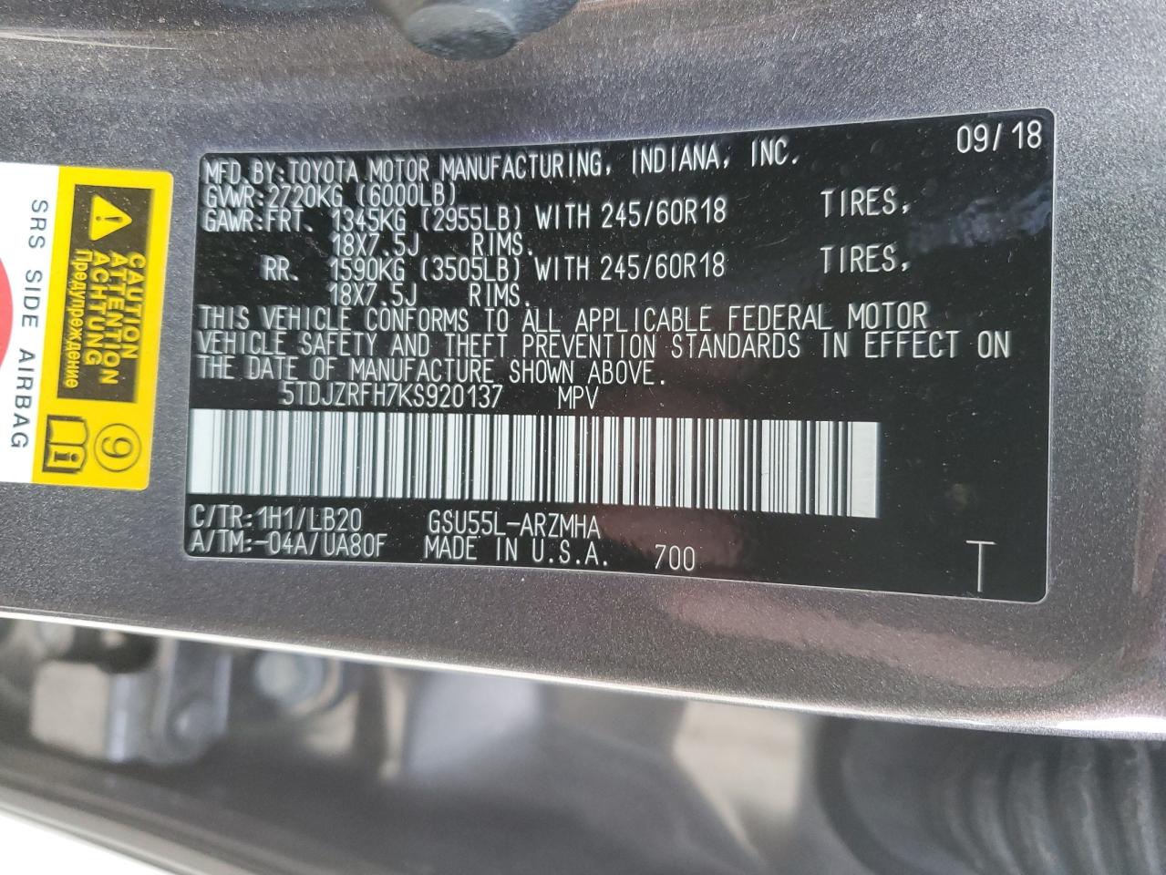 2019 Toyota Highlander VIN 5TDJZRFH7KS920137 Copart auction photo, front end damage thumbnail 15