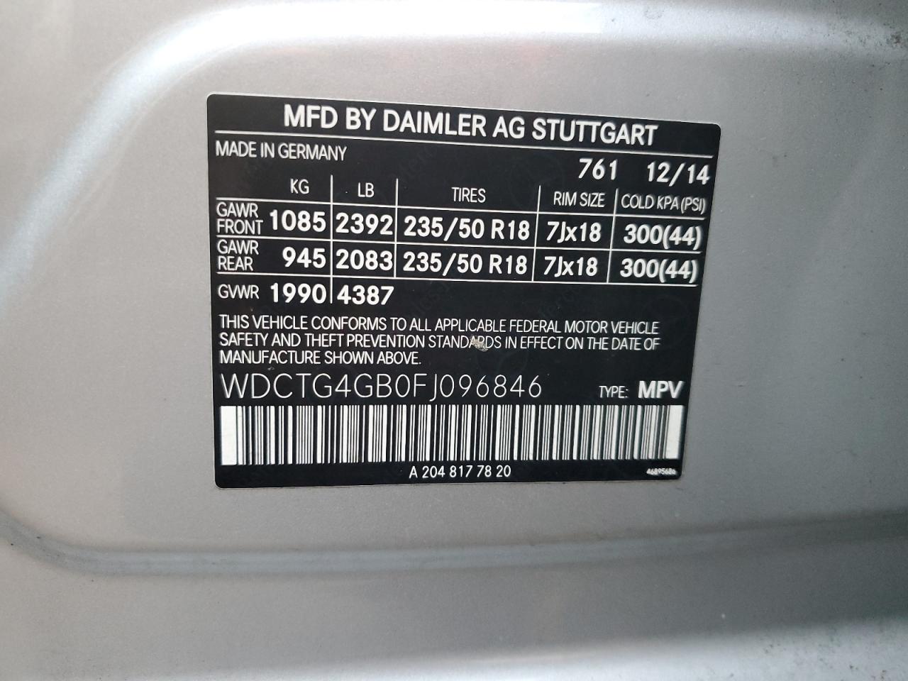 2015 Mercedes-Benz GLA-klasse VIN WDCTG4GB0FJ096846 Copart auction photo, water/flood damage thumbnail 13