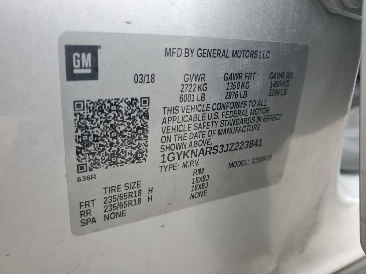 2018 Cadillac XT5 VIN 1GYKNARS3JZ223841 Copart auction photo, rear end / front end damage thumbnail 15