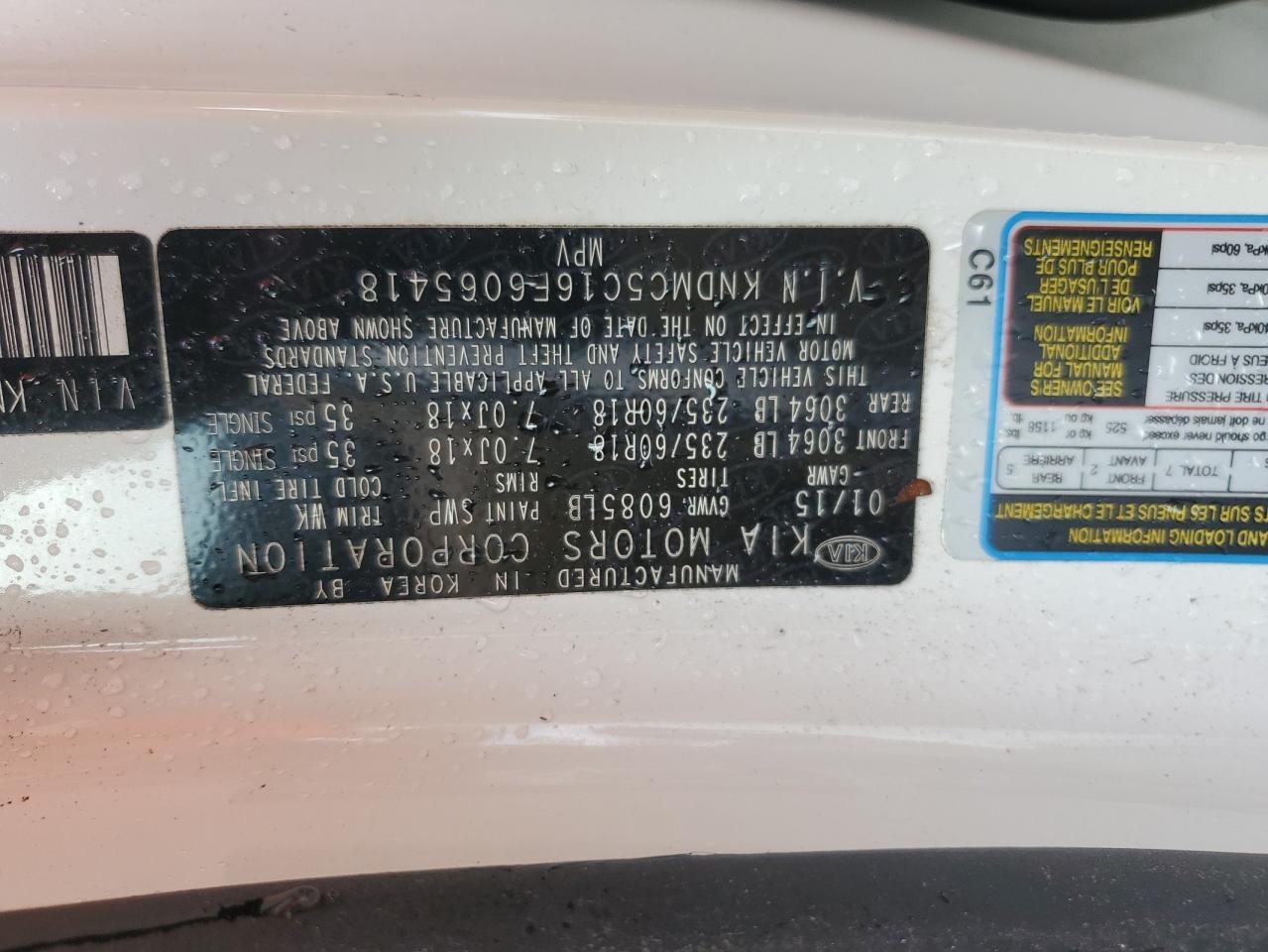 2015 KIA Sedona VIN KNDMC5C16F6065418 Copart auction photo, water/flood damage thumbnail 14