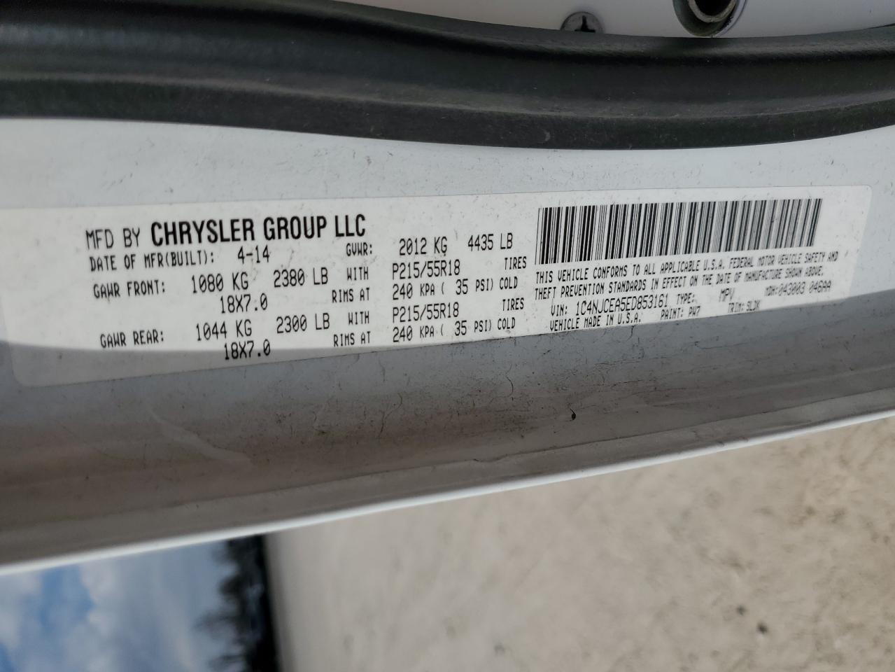 2014 Jeep Compass VIN 1C4NJCEA5ED853161 Copart auction photo, front end damage thumbnail 15