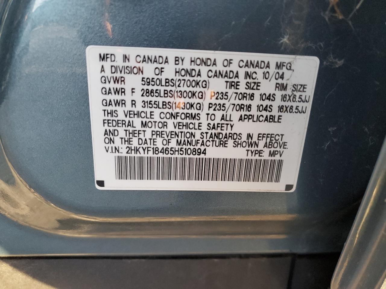 2005 Honda Pilot VIN 2HKYF18465H510894 Copart auction photo, front end damage thumbnail 13