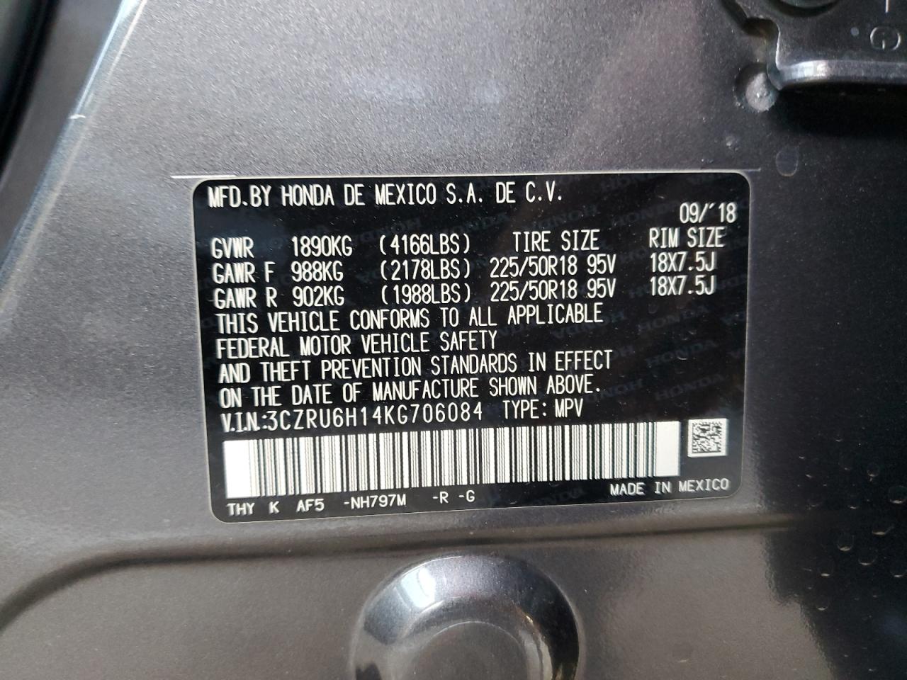 2019 Honda HR-V VIN 3CZRU6H14KG706084 Copart auction photo, side / front end damage thumbnail 14