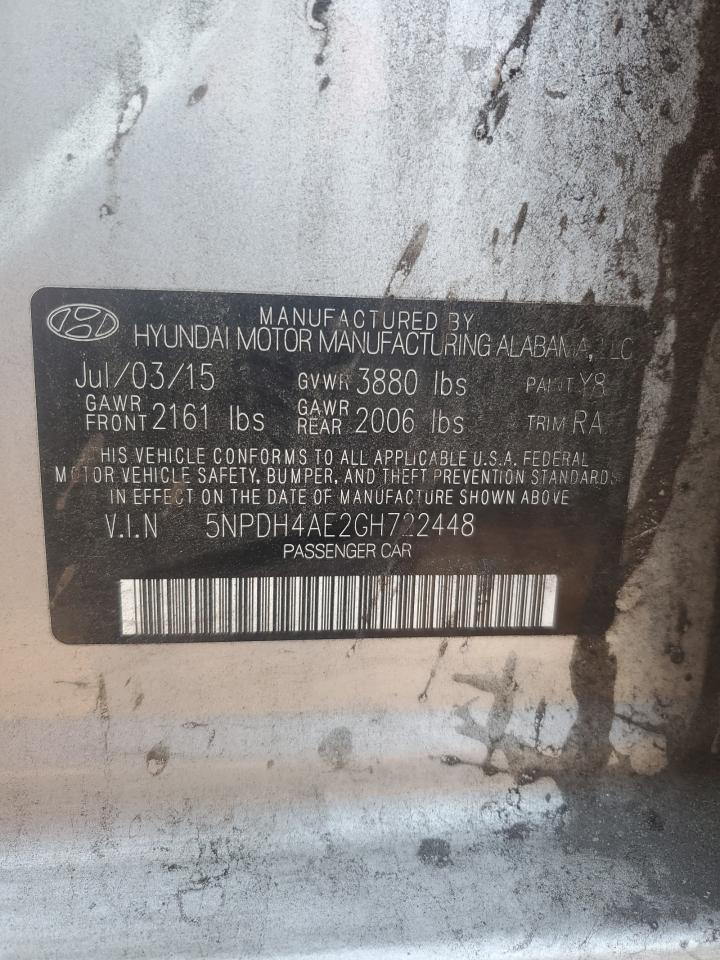 2016 Hyundai Elantra VIN 5NPDH4AE2GH722448 Copart auction photo, all over damage thumbnail 13