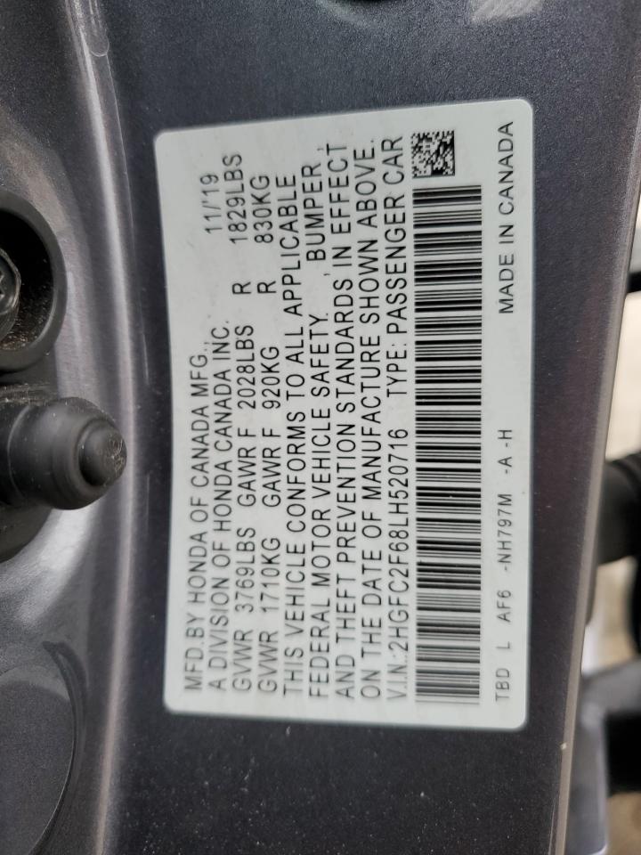 2020 Honda Civic VIN 2HGFC2F68LH520716 Copart auction photo, front end damage thumbnail 13