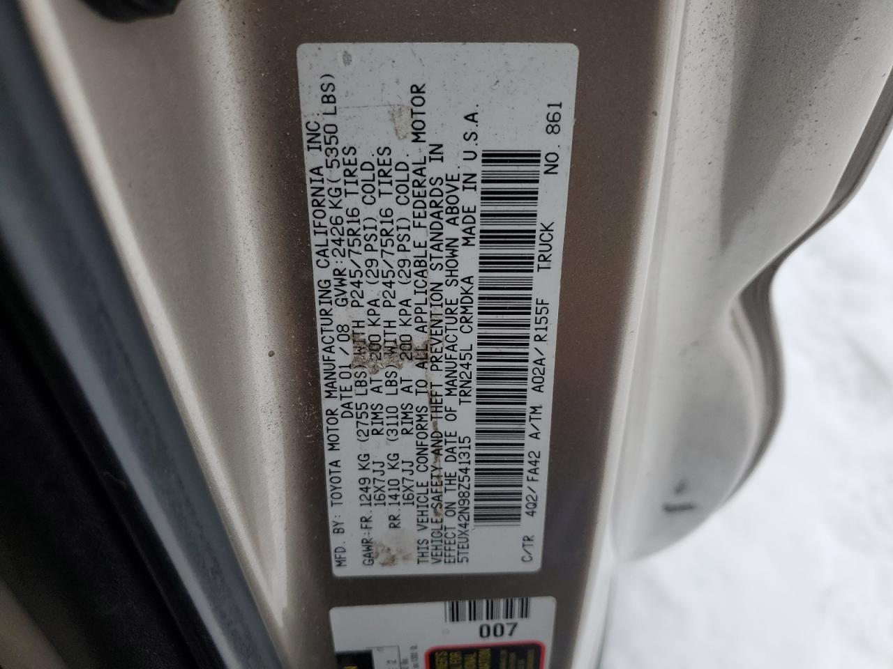 2008 Toyota Tacoma VIN 5TEUX42N98Z541315 Copart auction photo, rear end / front end damage thumbnail 12