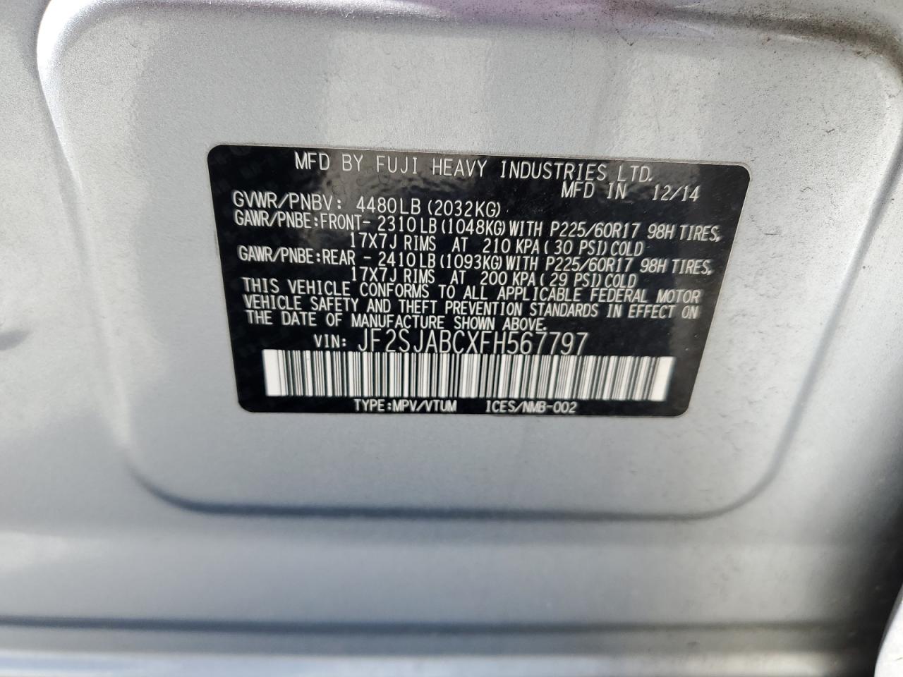 2015 Subaru Forester VIN JF2SJABCXFH567797 Copart auction photo, rear end / mechanical damage thumbnail 13