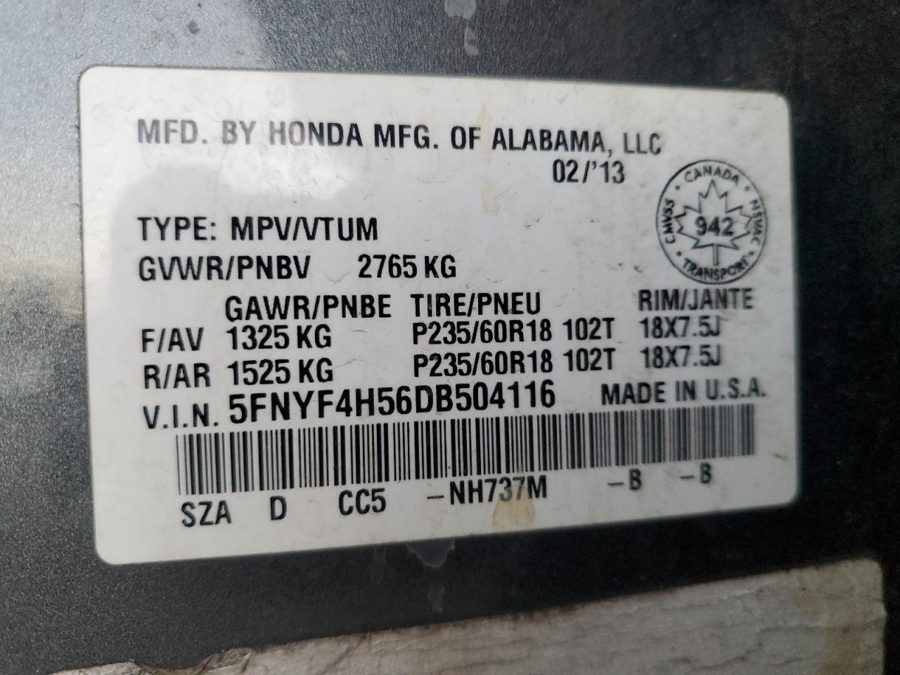 2013 Honda Pilot VIN 5FNYF4H56DB504116 Copart auction photo, all over / mechanical damage thumbnail 13