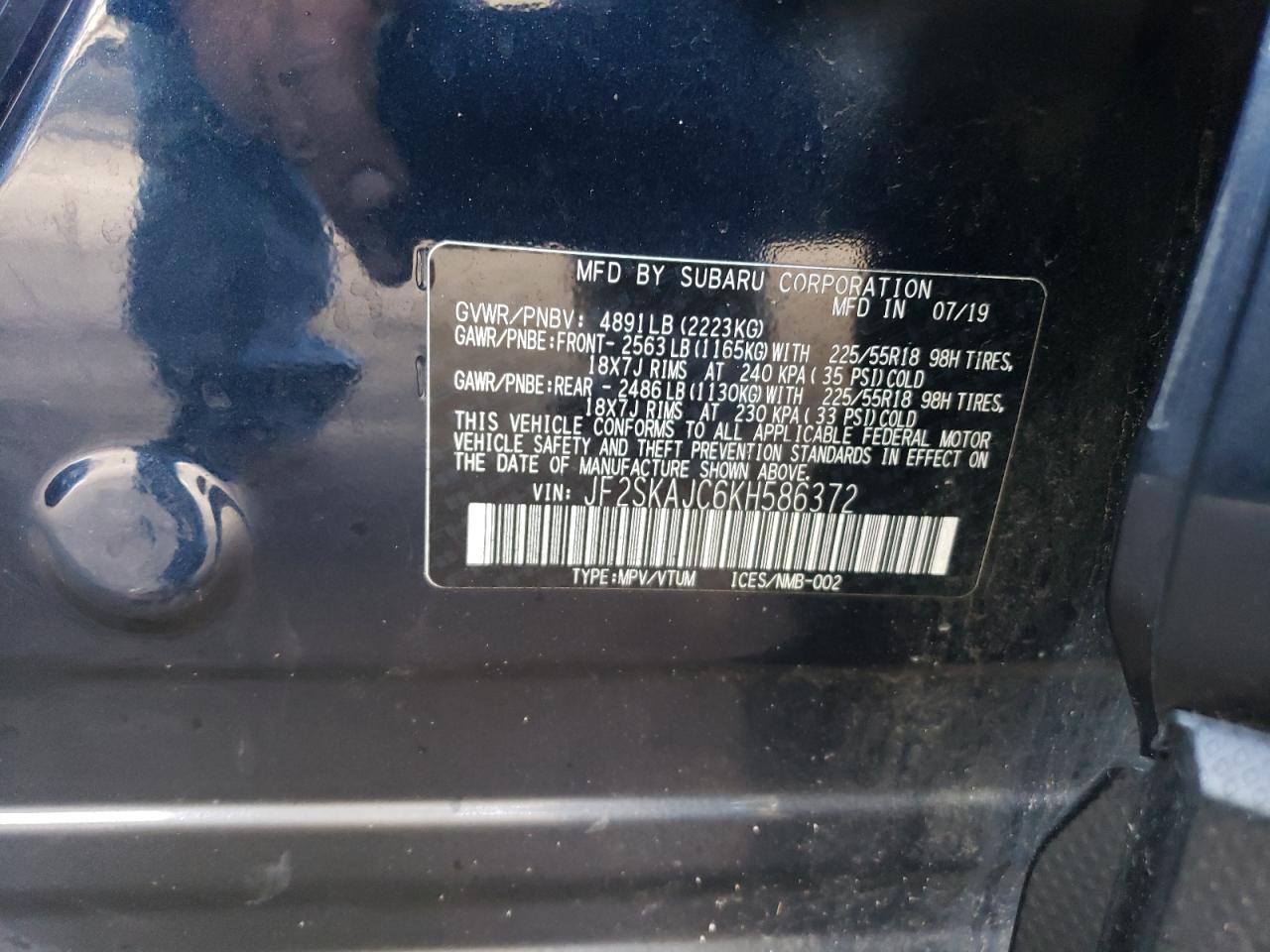 2019 Subaru Forester VIN JF2SKAJC6KH586372 Copart auction photo, rear end damage thumbnail 12