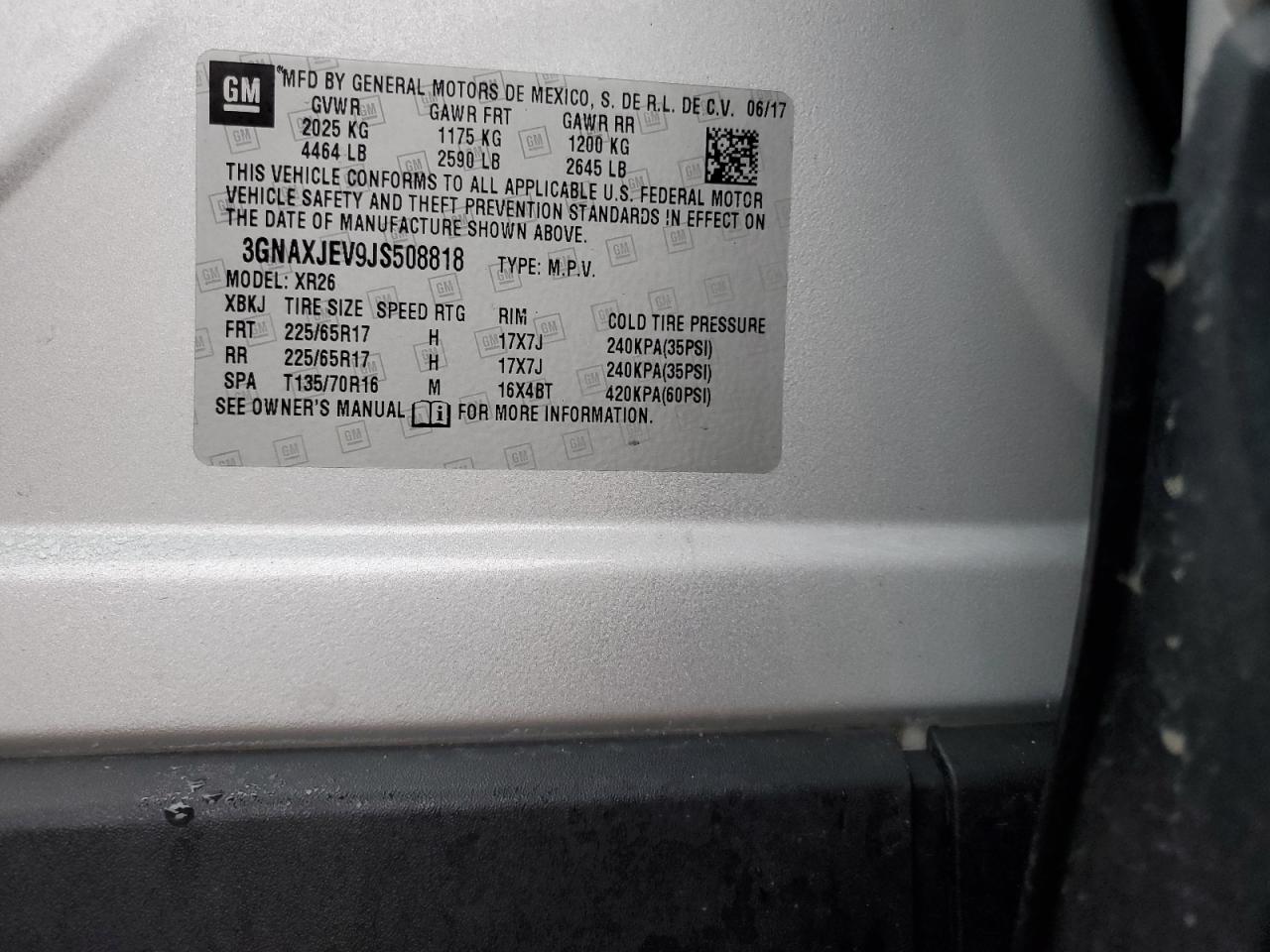 2018 Chevrolet Equinox VIN 3GNAXJEV9JS508818 Copart auction photo, side damage thumbnail 14
