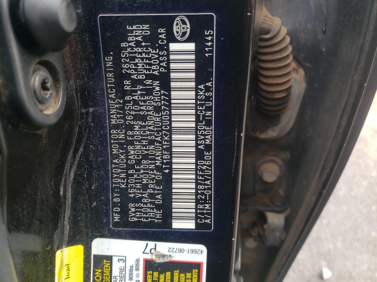 2012 Toyota Camry VIN 4T1BF1FK7CU057777 Copart auction photo, side / front end damage thumbnail 12