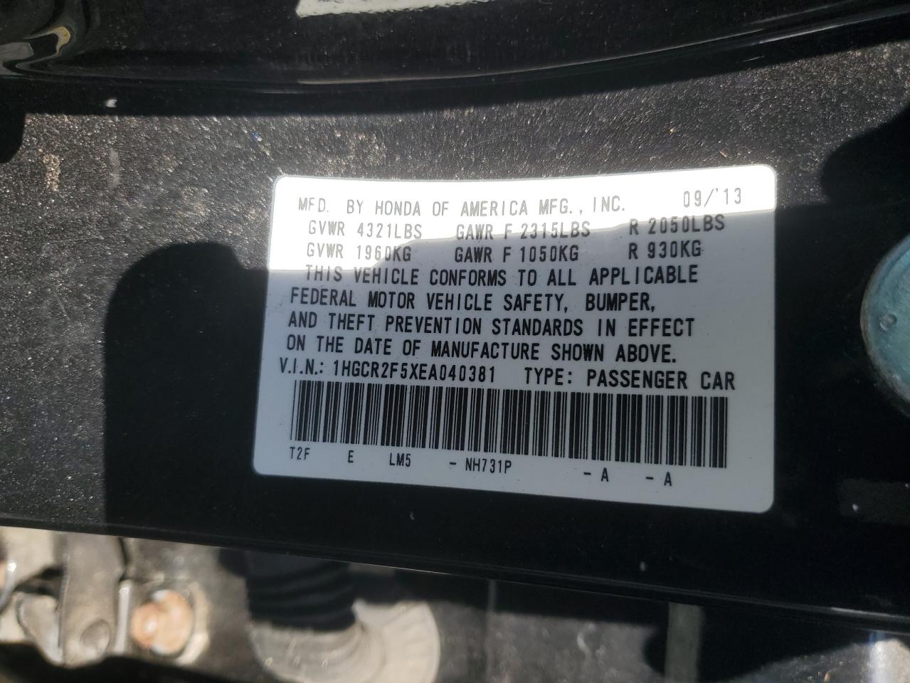 2014 Honda Accord VIN 1HGCR2F5XEA040381 Copart auction photo, all over damage thumbnail 12