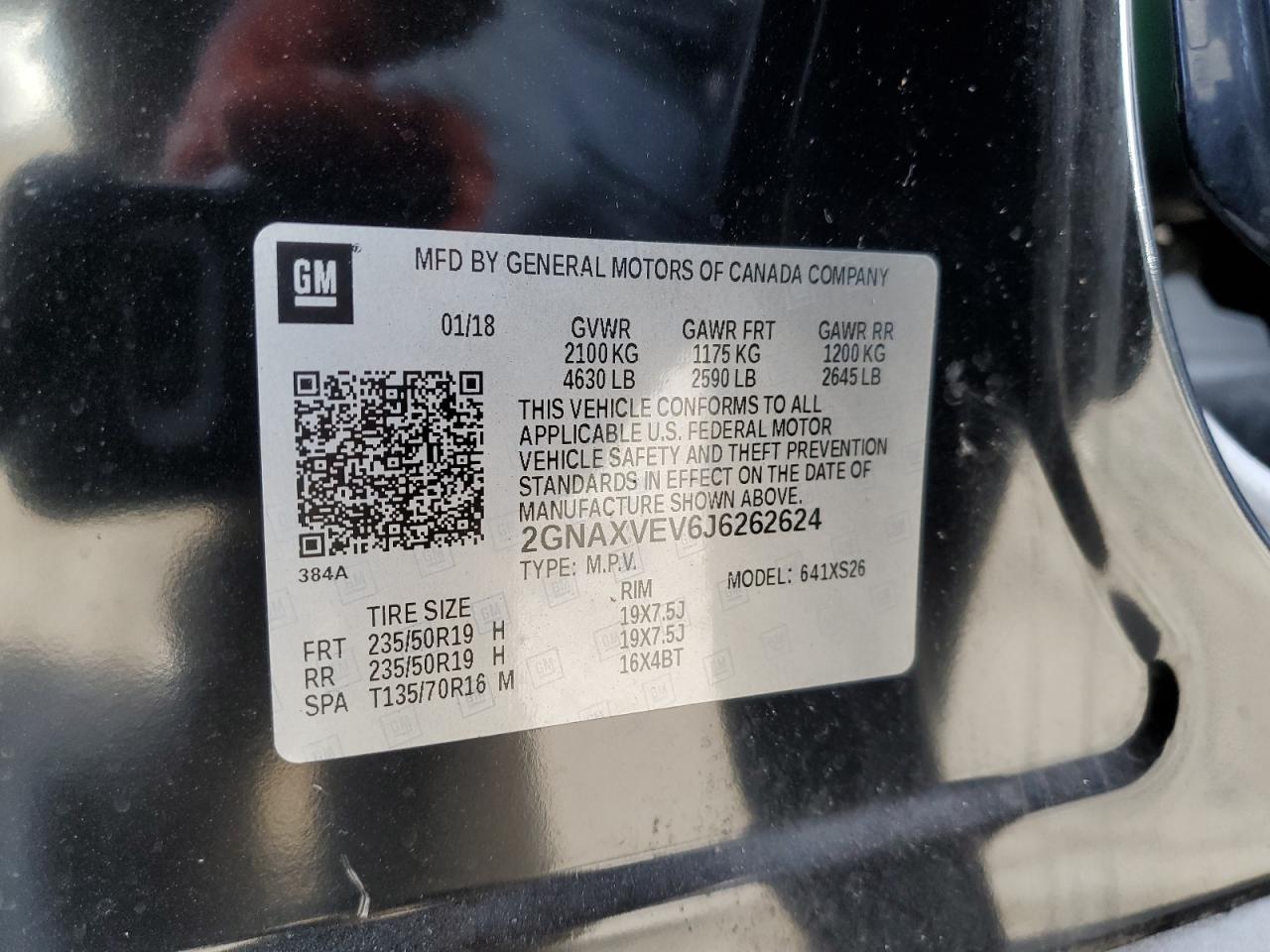 2018 Chevrolet Equinox VIN 2GNAXVEV6J6262624 Copart auction photo, front end / minor dent/scratches damage thumbnail 15