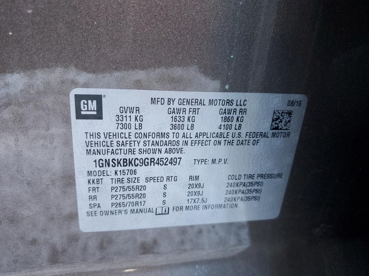 2016 Chevrolet Tahoe VIN 1GNSKBKC9GR452497 Copart auction photo, all over / undercarriage damage thumbnail 13