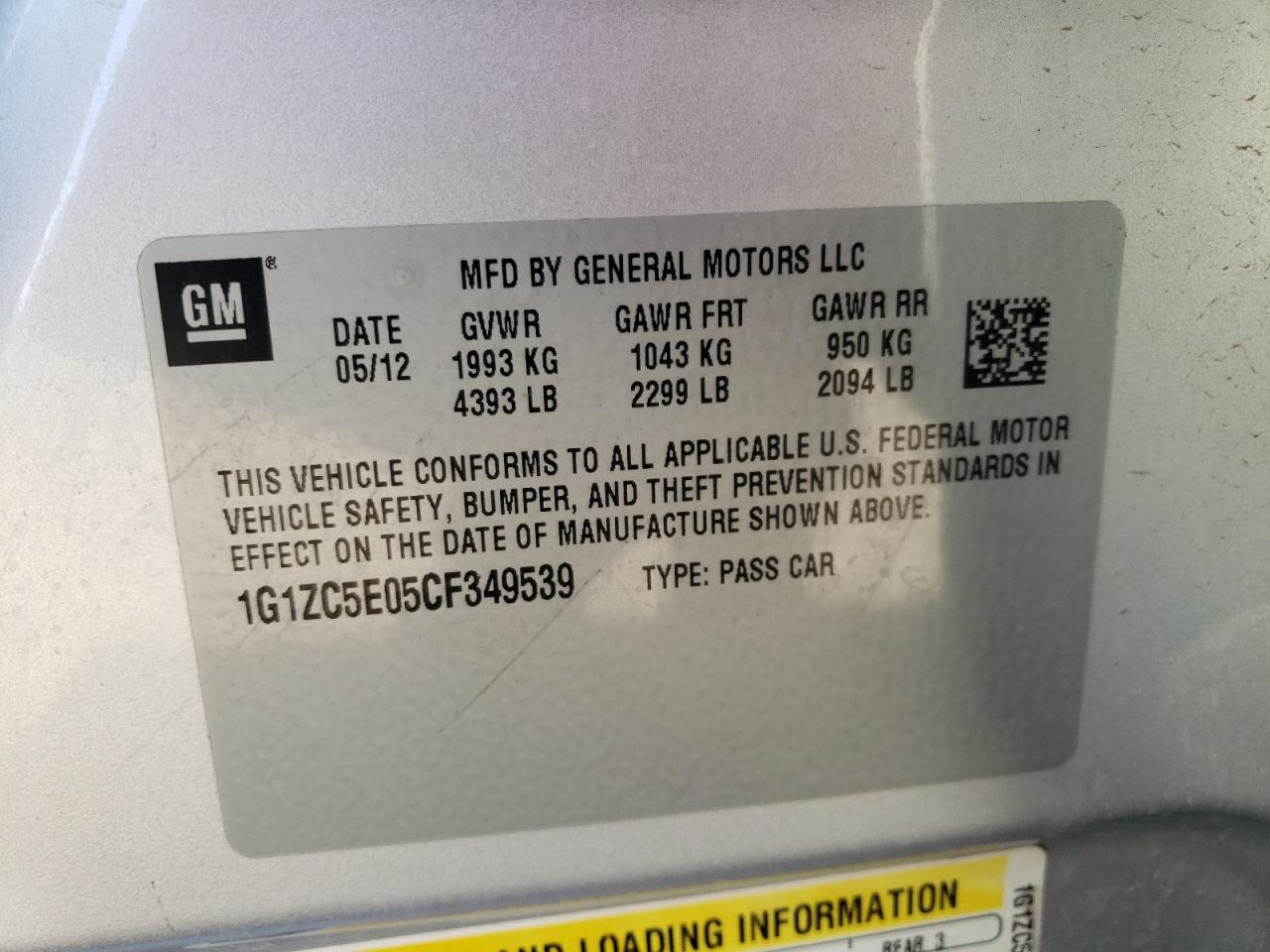 2012 Chevrolet Malibu VIN 1G1ZC5E05CF349539 Copart auction photo, all over damage thumbnail 14