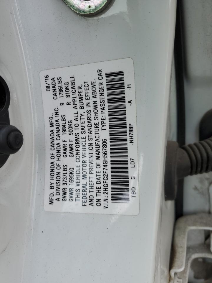 2016 Honda Civic VIN 2HGFC2F74GH567806 Copart auction photo, side / rear end damage thumbnail 13