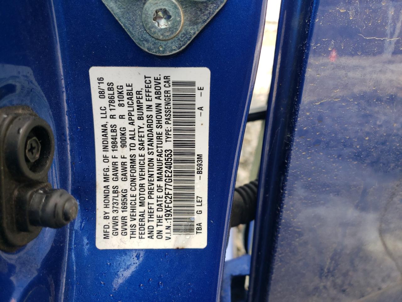 2016 Honda Civic VIN 19XFC2F77GE240553 Copart auction photo, front end damage thumbnail 15