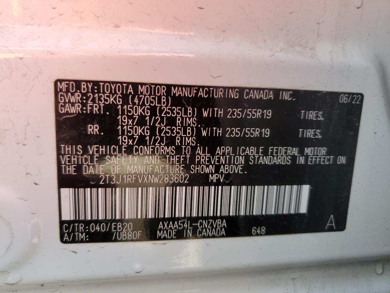 2022 Toyota RAV 4 VIN 2T3J1RFVXNW283602 Copart auction photo, rear end / front end damage thumbnail 14