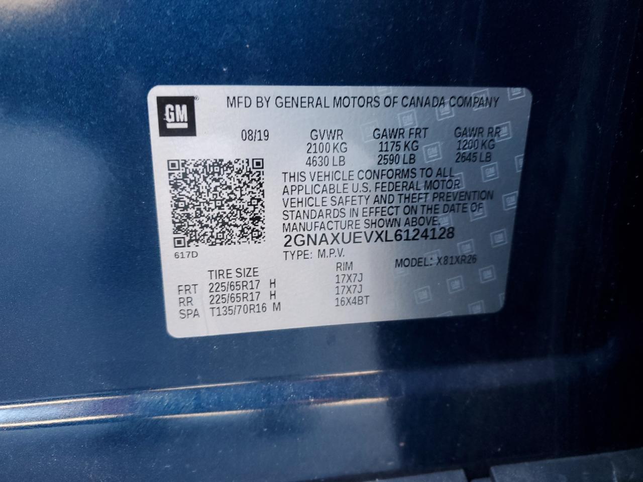 2020 Chevrolet Equinox VIN 2GNAXUEVXL6124128 Copart auction photo, rear end / side damage thumbnail 14