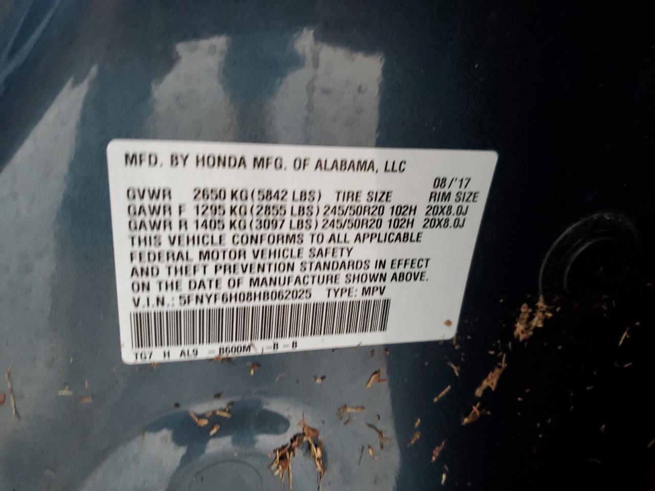 2017 Honda Pilot VIN 5FNYF6H08HB062025 Copart auction photo, water/flood damage thumbnail 14