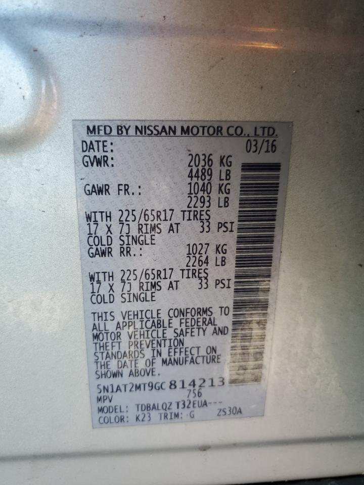 2016 Nissan Rogue VIN 5N1AT2MT9GC814213 Copart auction photo, front end / side damage thumbnail 15