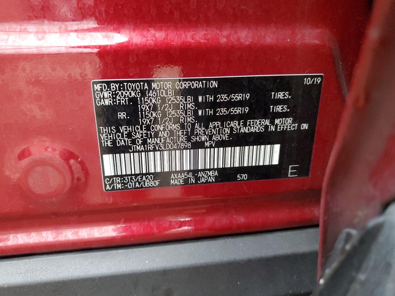2020 Toyota RAV 4 VIN JTMA1RFV3LD047898 Copart auction photo, front end damage thumbnail 15