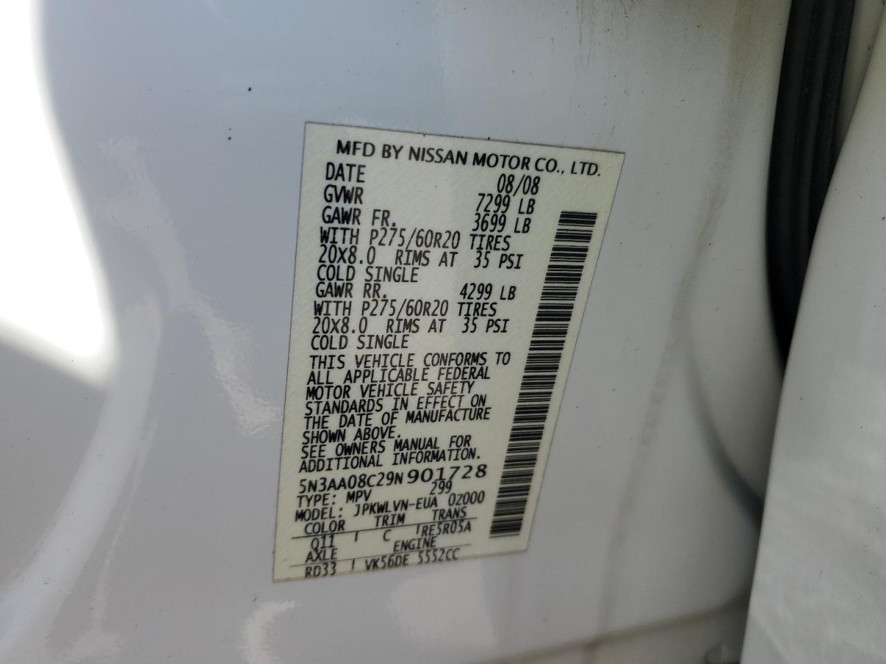 2009 Infiniti QX56 VIN 5N3AA08C29N901728 Copart auction photo, front end / minor dent/scratches damage thumbnail 13