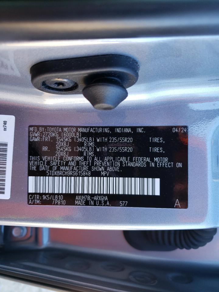 2024 Toyota Highlander VIN 5TDXBRCH9RS615848 Copart auction photo, front end / rear end damage thumbnail 13