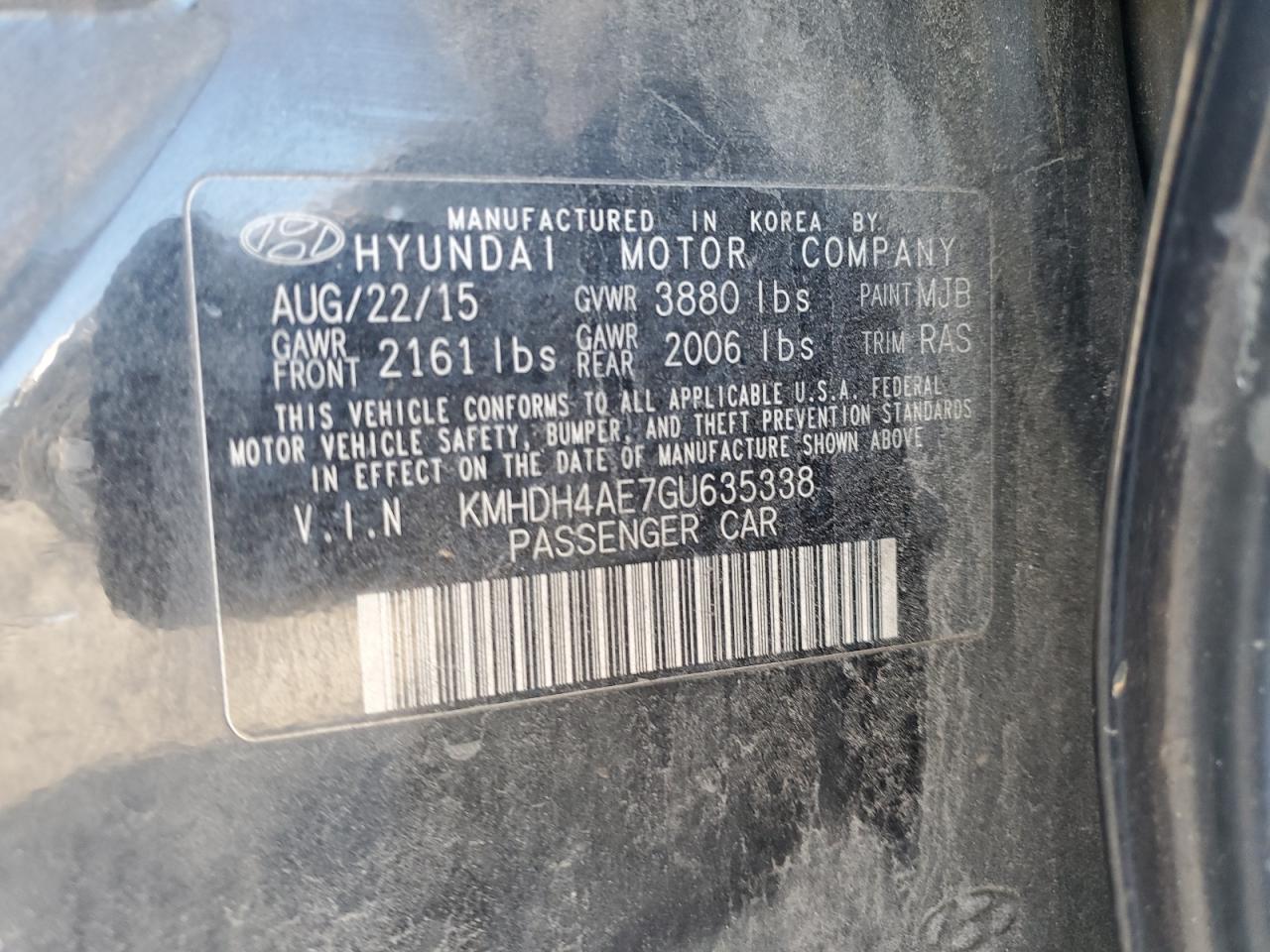 2016 Hyundai Elantra VIN KMHDH4AE7GU635338 Copart auction photo, all over / vandalism damage thumbnail 12