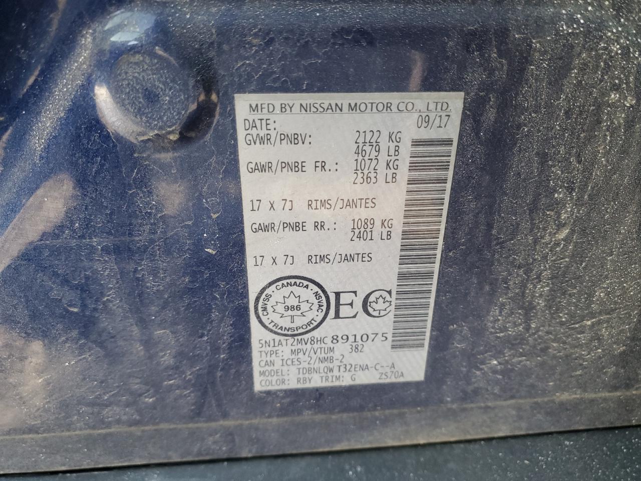 2017 Nissan Rogue VIN 5N1AT2MV8HC891075 Copart auction photo, front end damage thumbnail 13