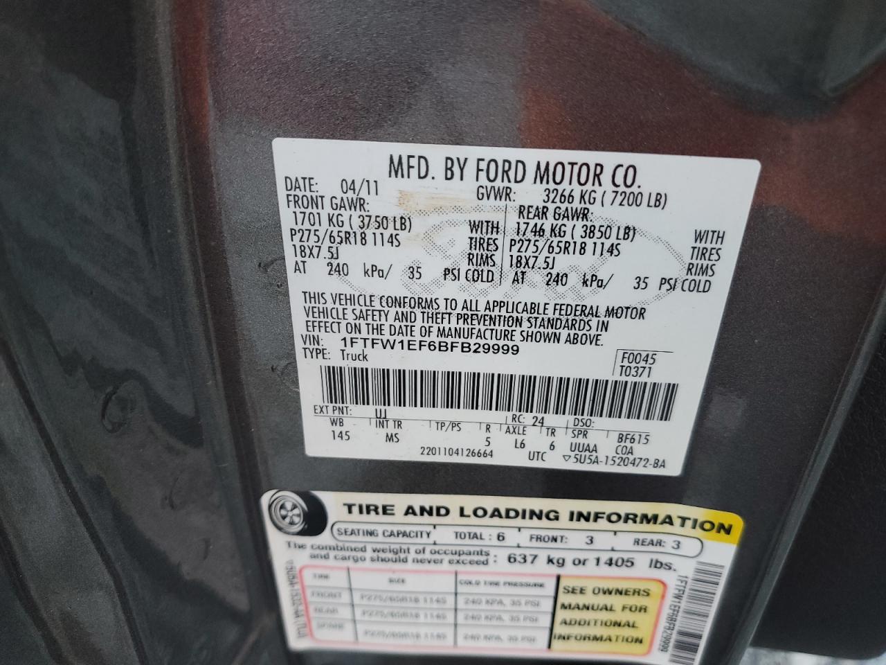 2011 Ford F-150 VIN 1FTFW1EF6BFB29999 Copart auction photo, front end / mechanical damage thumbnail 12
