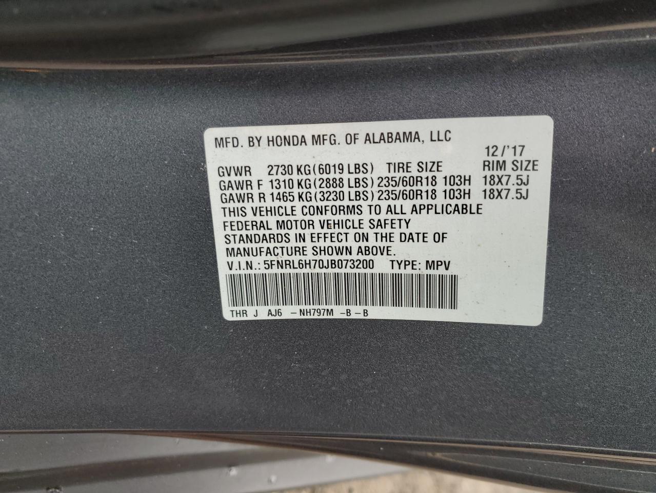 2018 Honda Odyssey VIN 5FNRL6H70JB073200 Copart auction photo, front end damage thumbnail 15