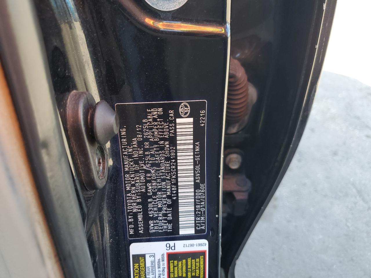 2012 Toyota Camry VIN 4T4BF1FK5CR241802 Copart auction photo, rear end damage thumbnail 12