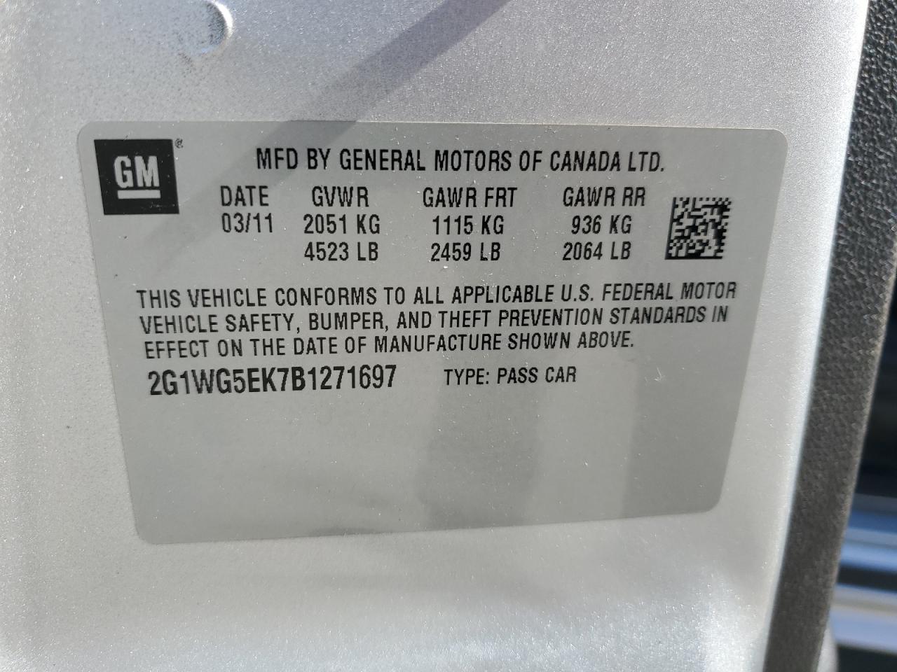 2011 Chevrolet Impala VIN 2G1WG5EK7B1271697 Copart auction photo, side damage thumbnail 14
