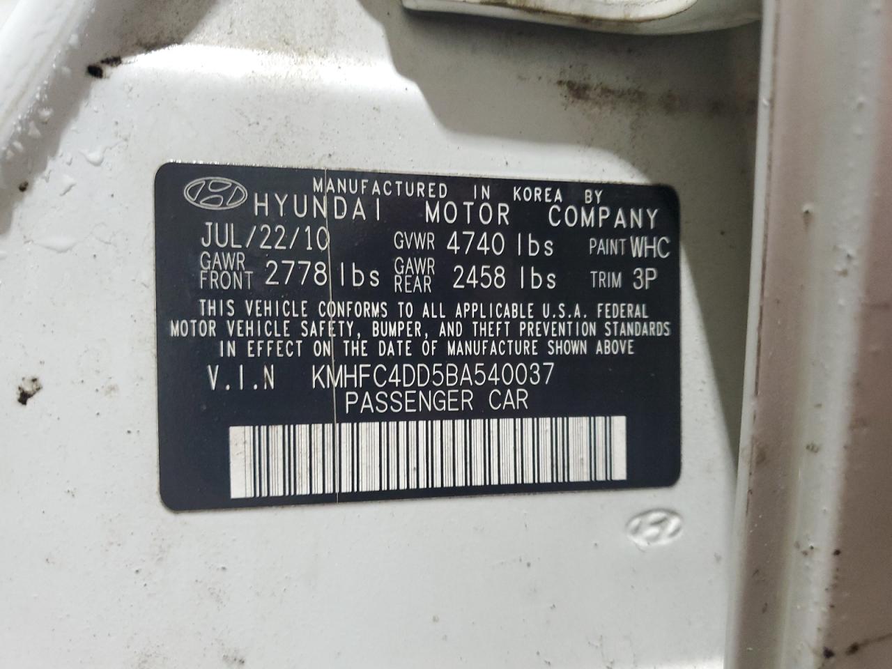 2011 Hyundai Azera VIN KMHFC4DD5BA540037 Copart auction photo, front end damage thumbnail 12